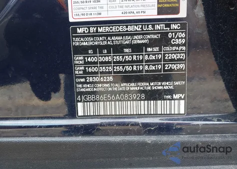 2006 Mercedes-Benz Ml 350 4Matic из США, поврежденный, VIN 4JGBB86E56A083928